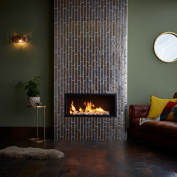 sideways metal brick fireplace